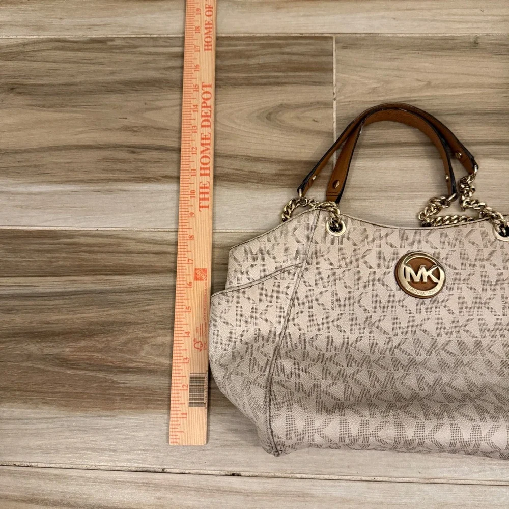 Michael Kors Jet Set Signature Logo Chain Shoulder Bag Tote Cream‎ Gold